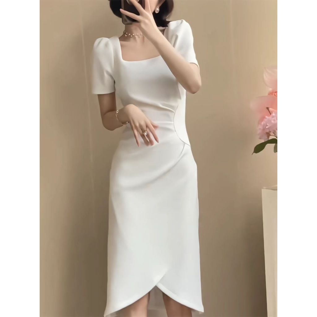 BEST SALE Putih Dress Party Elegan Vintage Midi Lengan Pendek Wanita Kekinian Dress Raya 2025 Cantik