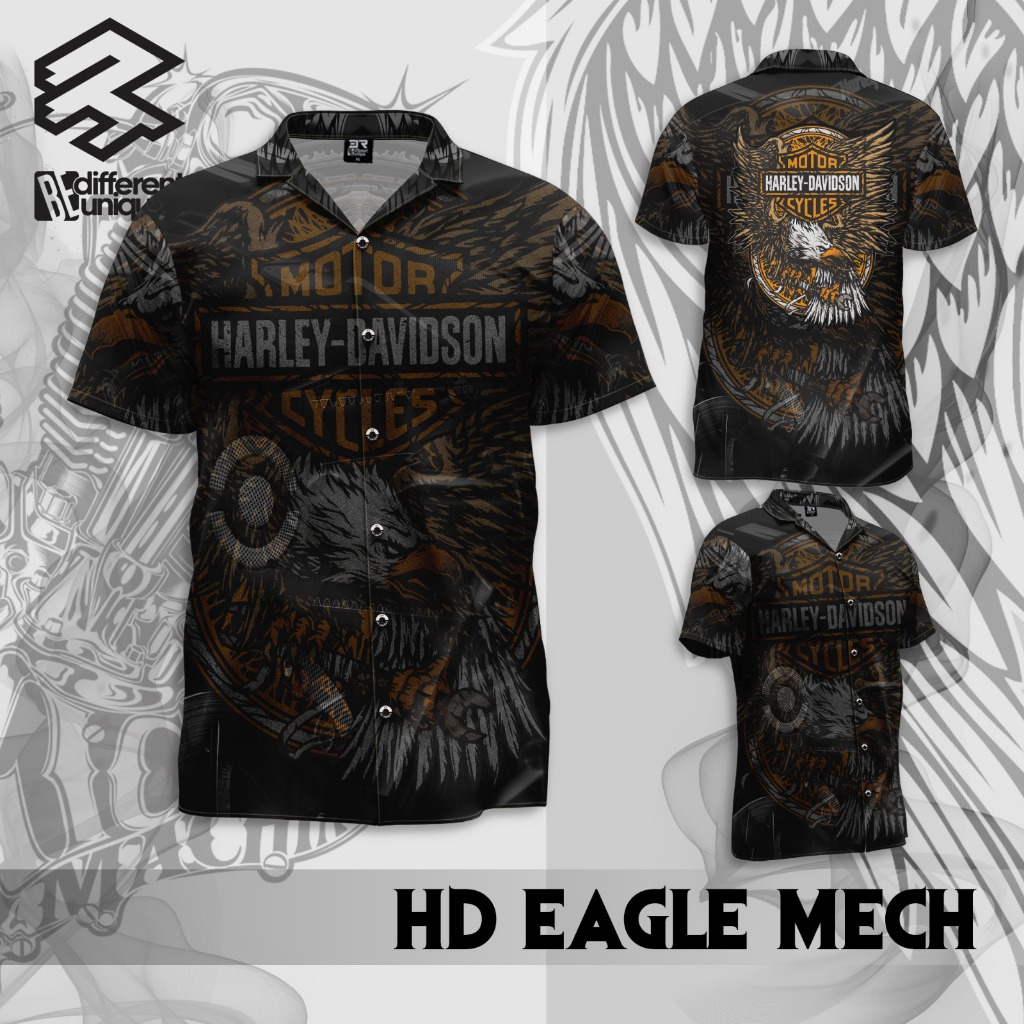 Kemeja Casual Cuban Collar Pria Wanita Dewasa Anak FullPrint 3R Harley Eagle Mech