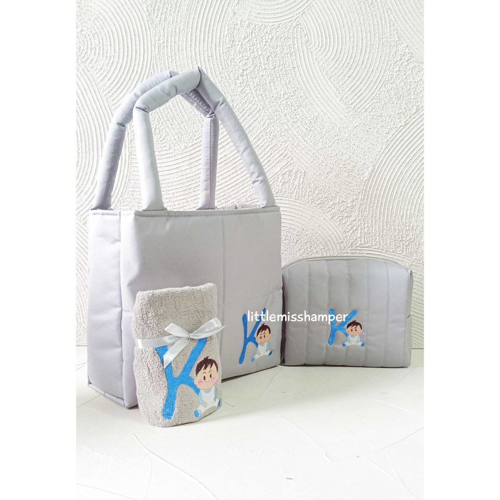 

Paket Tas Puffy isi pouch Puff dan handuk bordir Tile pita baby one month hardtag milk bun bag