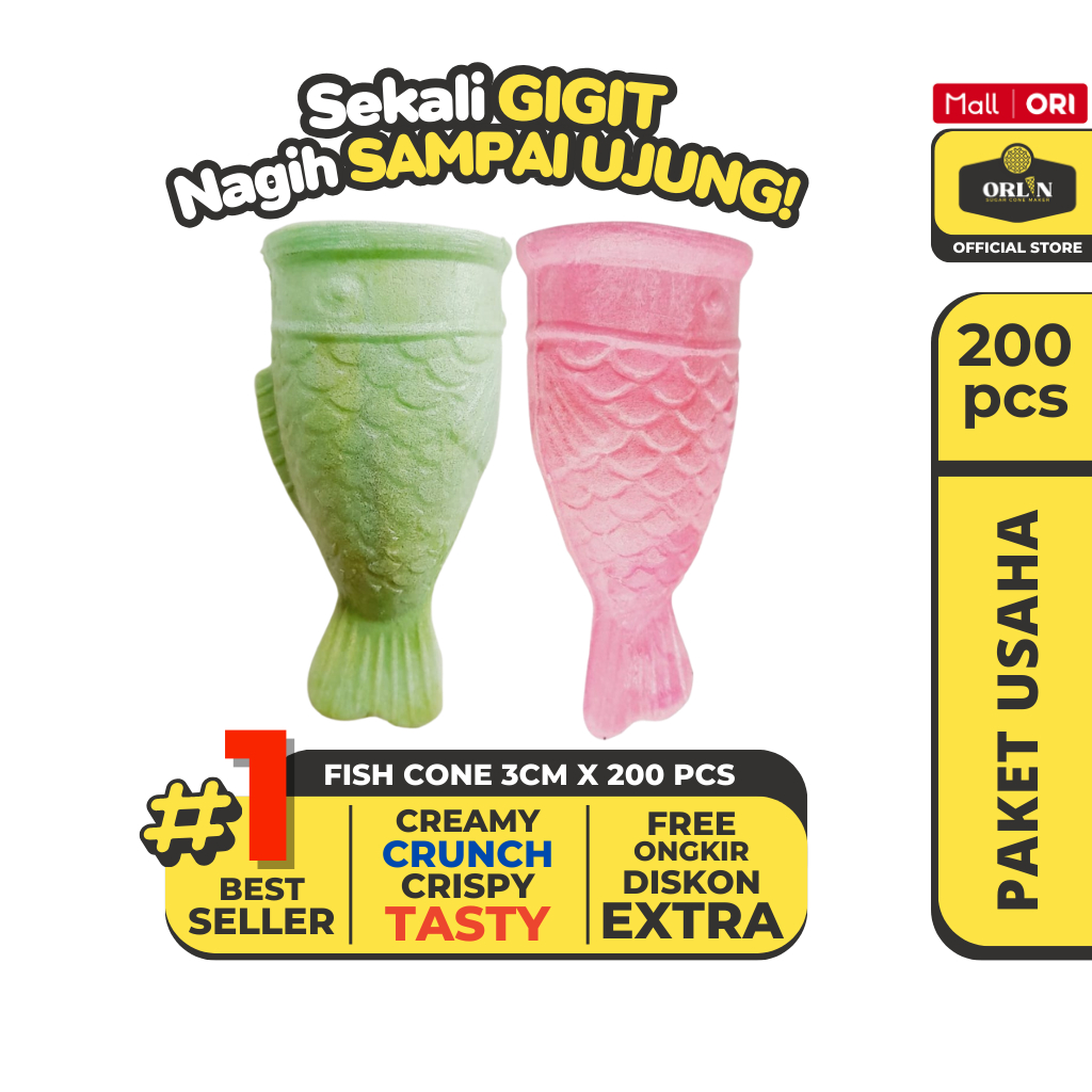 

ORLIN Paket Usaha Wafer Fish Cone Ice Cream 3cm x 9cm Isi 200pcs Sekali Gigit, Nagih Sampai Ujung
