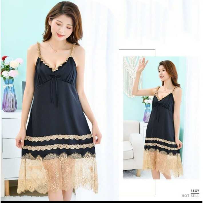 lingerie_extrajumbo - NIGHTIE 456 -  Baju Tidur Tali Satu Hiasan Bawah Bahan Brokat Lembut