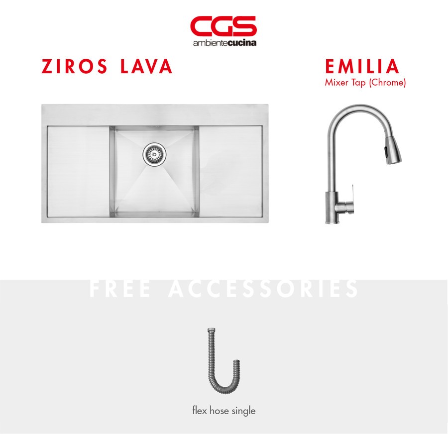 CGS Kitchen Sink Bak Cuci Piring Dapur Stainless Steel - CGS ZIROS LAVA + Kran Emilia