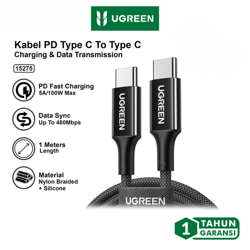 UGREEN Kabel Data Type C To Type C UGREEN 15275 Cable 1m Black / UGREEN C TO C