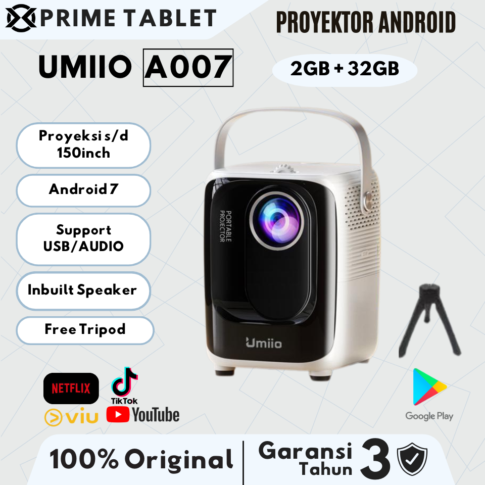 Proyektor UMIIO Android A007 1080P Smart Mini Proyektor [2+32] 6000 Lumens Garansi Resmi 1 Tahun - P