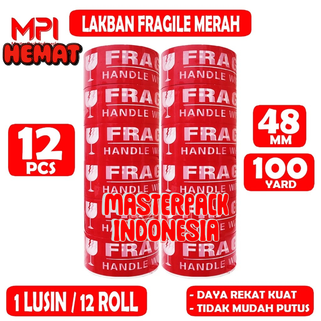 

PROMO MURAH 1 LUSIN [12 PCS] Lakban Fragile Merah 48 mm x 100 Yard