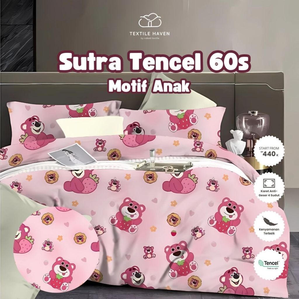 Sprei dan Bedcover Set Sutra Organic 60s Motif Lotso Pink | Sprei dan BedCover Sutra Motif Anak