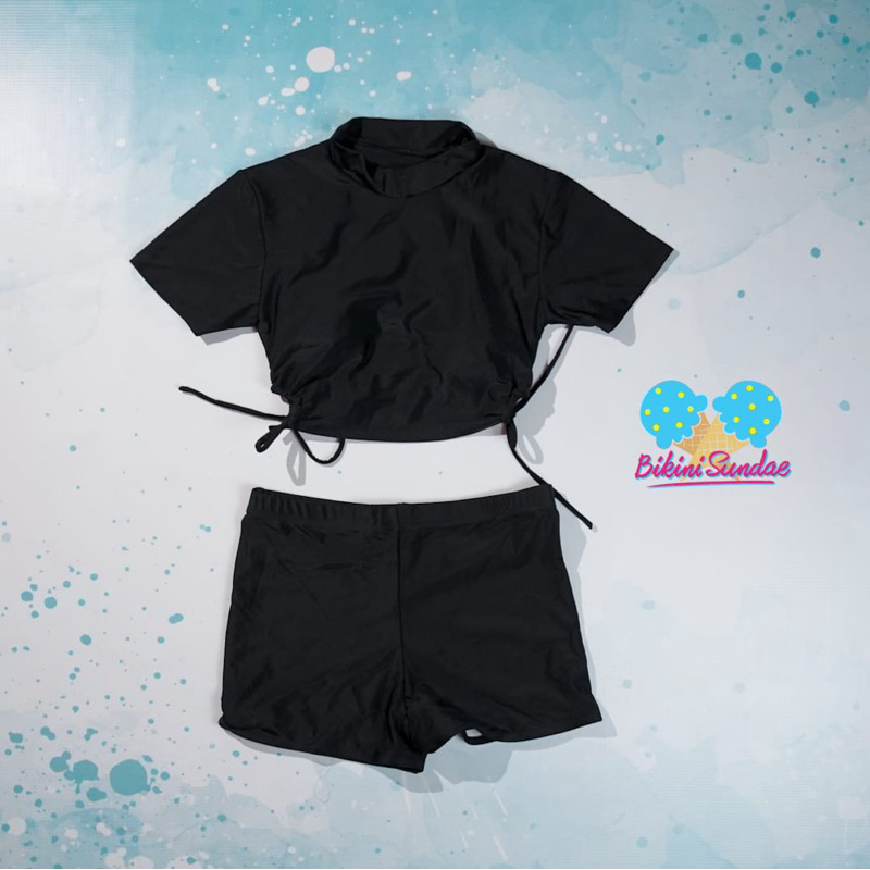 Baju renang tangan pendek cropped celana highwaist boxer import