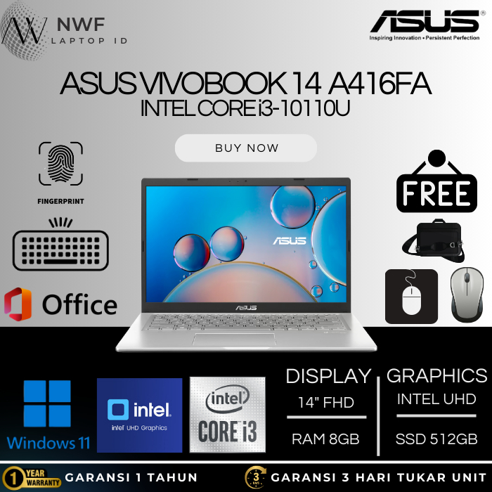 LAPTOP ASUS VIVOBOOK 14 A416FA (BACKLIT+FINGERPRINT) INTEL CORE i3-10110U / 8GB RAM 512GB SSD / 14" 