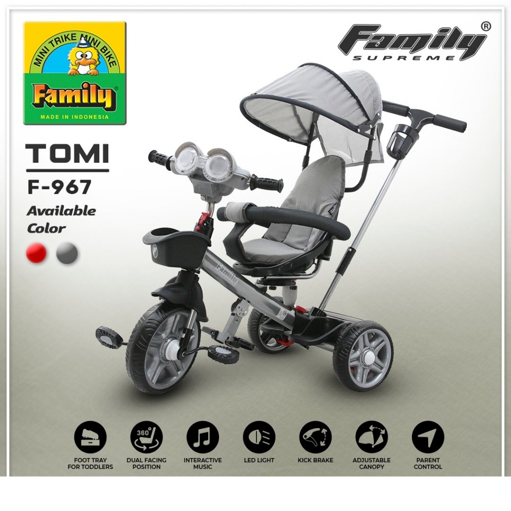 Family Sepeda Anak Roda 3 Supreme Tomi / Stroller Anak / Stroller Bayi Kanopi dan Jok Dua Arah F-967