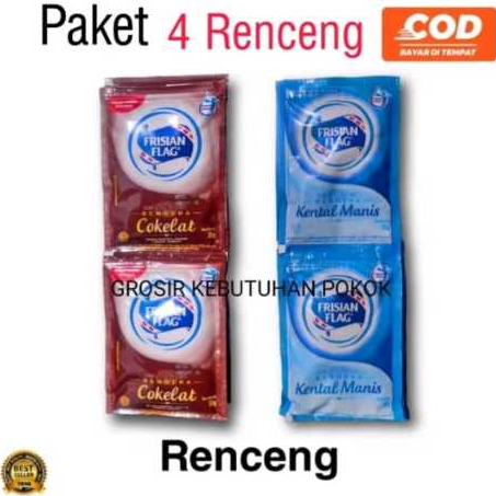 

Paket ( 4 Renceng ) Frisian Flag Susu Kental Manis bendera 38g / 1 renceng isi 6 sachet putih / coklat