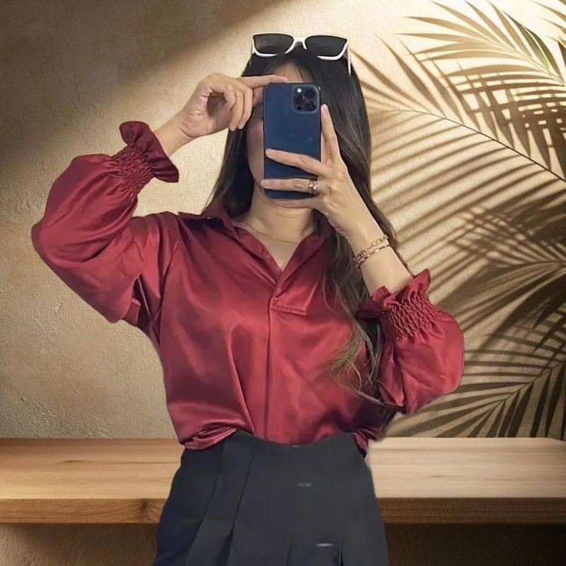 Blouse Keren/Kemeja wanita/Atasan Wanita/Kemeja Satin/Blouse Satin/Lengan Panjang Karet
