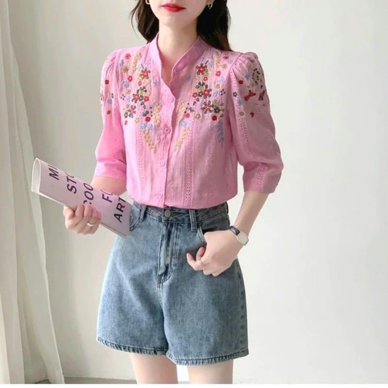 2570 Atasan pakaian Baju blus blouse kemeja lengan panjang kancing bordir manis cantik girly mewah s