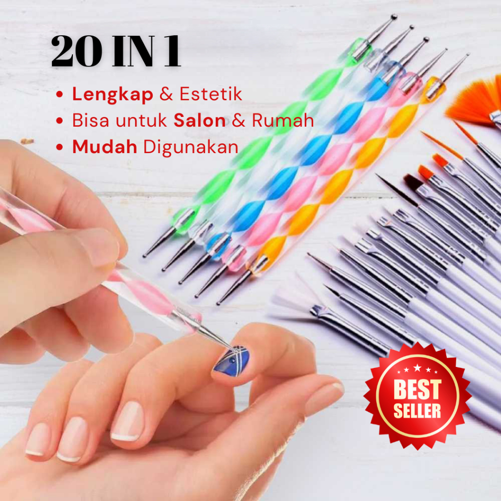 Perlengkapan Nail Art Lengkap 20 in 1 - Kuas Nail Art - Brush Nail Art Tahan Lama