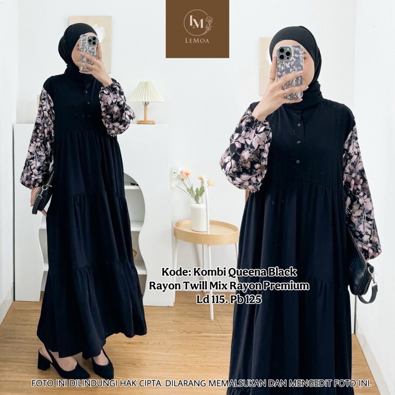 Nagita Midi Gamis Dress Kombinasi by Lemoa Bahan Rayon Twill Busui Kancing Depan Aktif Ld 110 Pb 125