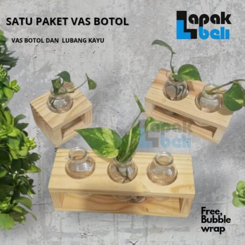 VAS BUNGA BOTOL POT BOTOL ESTETIK | PLANTER TANAMAN | STANDING POT KAYU / VAS BUNGA KACA