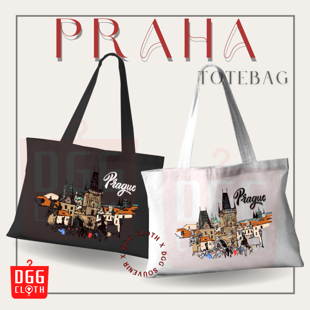 DGGCloth Tote Bag Praha, Totebag Sablon Oleh Oleh Praha Bahan Blacu Dengan Perekat Type 1