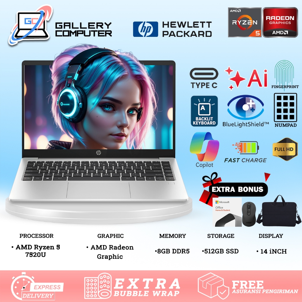 LAPTOP HP 245 G10 AMD RYZEN 5 7520U 8GB 512GB 14.0 FHD WIN11 SILVER