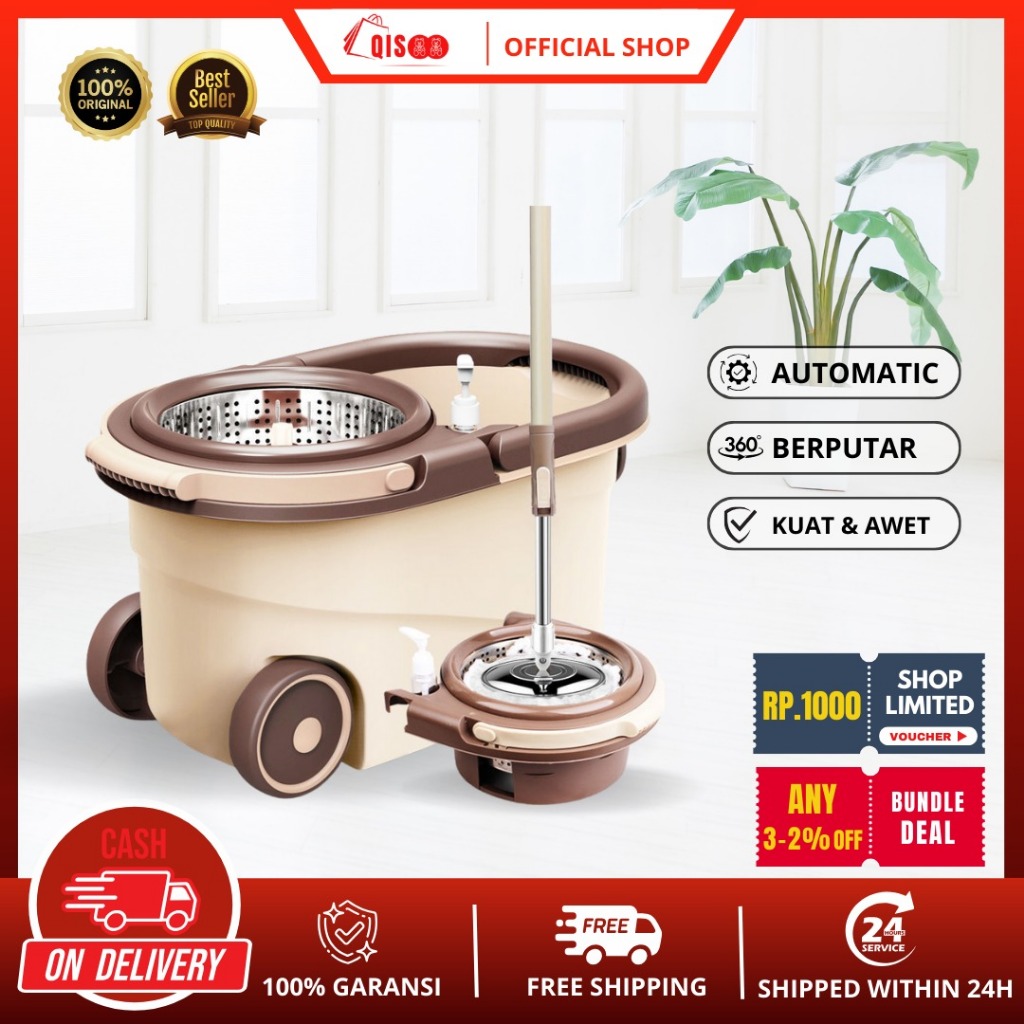 QISOO Ophelia Spin Mop Ultra Alat Pel Pelan Set | Alat Pel Lantai Ultra Mop | 2 in1 Mop | Alat Pel P