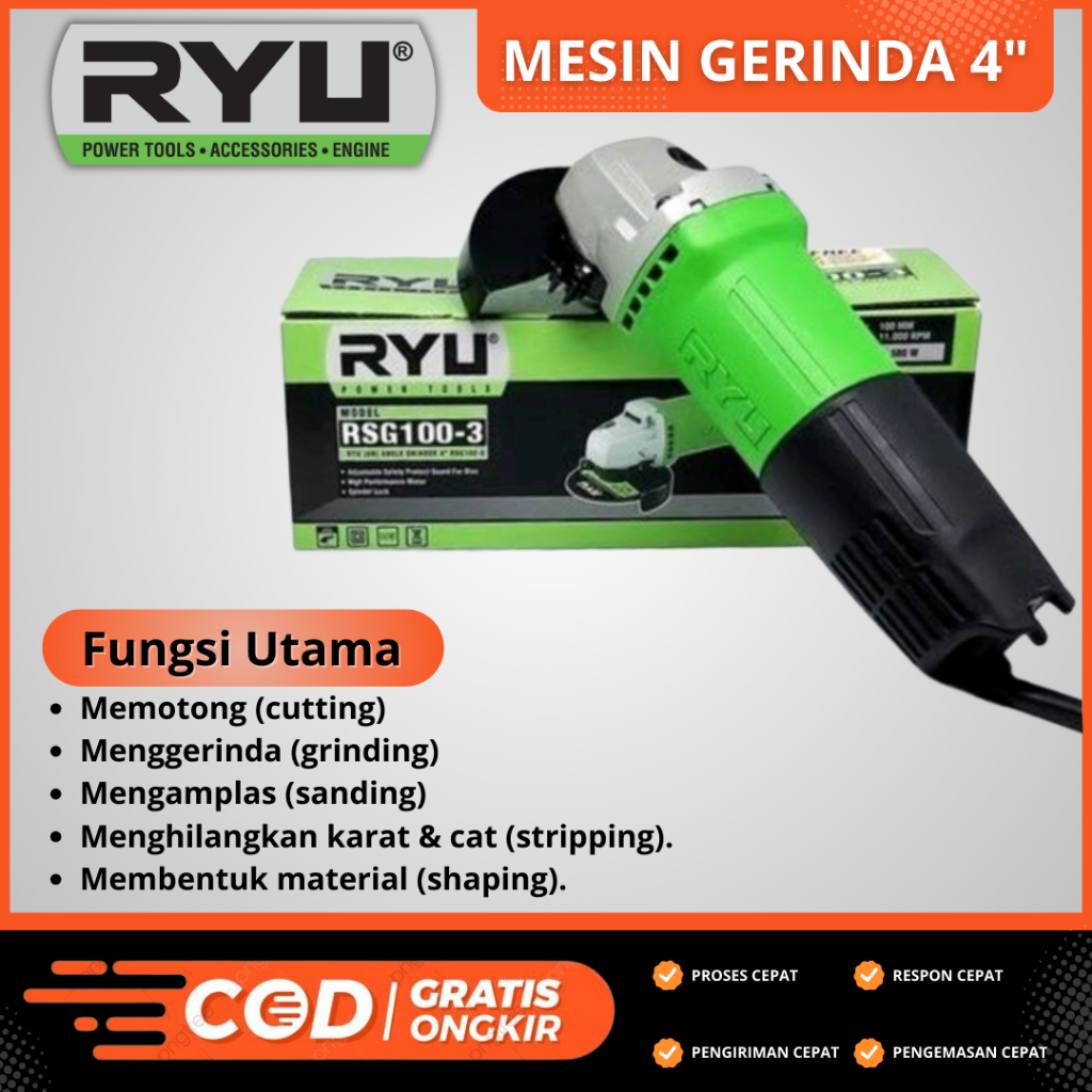 RB Mesin Gerinda Tangan 4" Free Batu Potong dan Batu Poles Mesin Potong Besi Kayu Pvc Alumunium