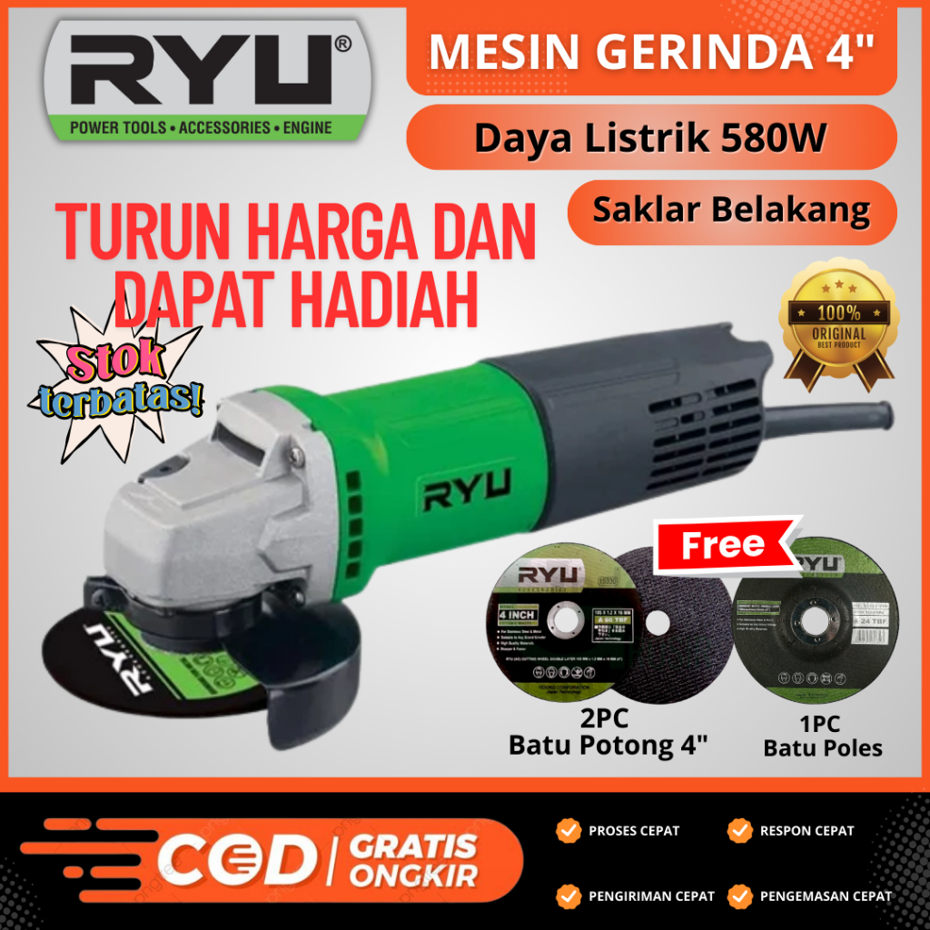 Mesin Gerinda Tangan 4" Free Batu Potong dan Batu Poles Mesin Potong Besi Kayu Pvc Alumunium Keramik