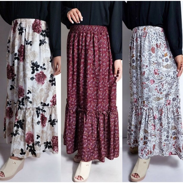 Rok Ruffle Susun Rayon Motif | Rok Layer Motif Bunga Maxi Skirt