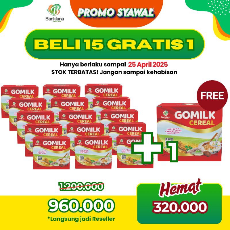 

[Syawal HEMAT] BELI 15 BOX free 1 BOX susu Gomilk Cereal kemasan 250 gram, hemat sehat - Bariklana susu Kambing Bubuk