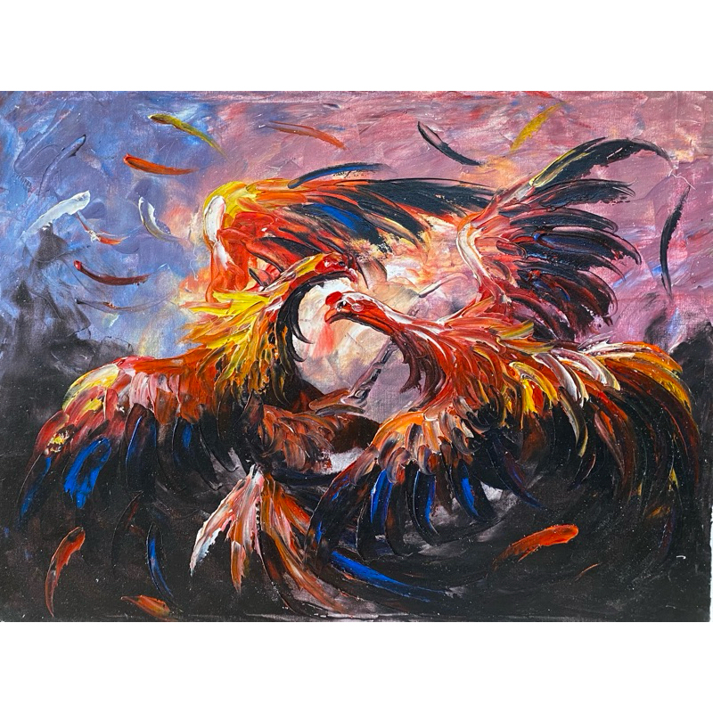 Lukisan Ayam Jago, Lukisan Khas Bali, Lukisan Canvas buatan tangan, Ukuran : 80 cm x 60 cm