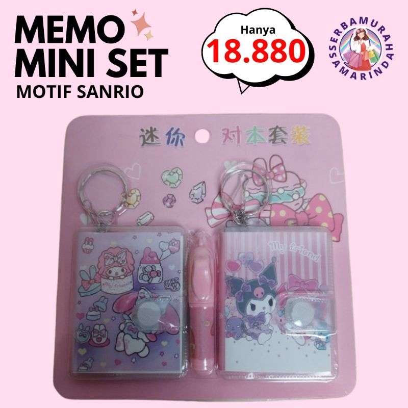 

SET MEMO MINI SANRIO KUROMI CINAMOROLL MELODY GANTUNGAN KUNCI MEMO KEMBAR MINI NOTEBOOK NOTES KECIL 2 IN 1 NOTE BOOK GANCI PULPEN ALAT TULIS ATK MURAH