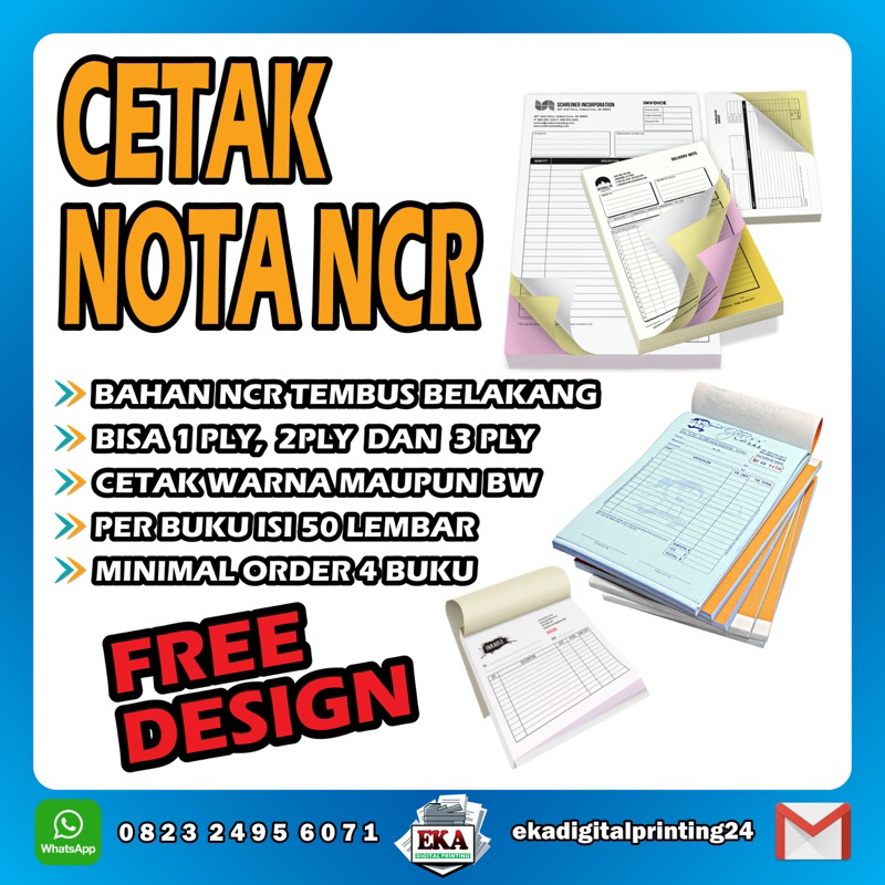 

Cetak Nota NCR ukuran A6 / A5 (1-3 Ply) Nota NCR free design