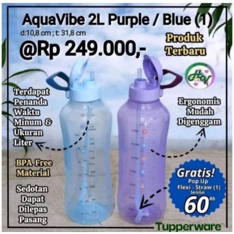 Aquavibe 2 L tupperware / Botol minum tupperware 2 L with straw