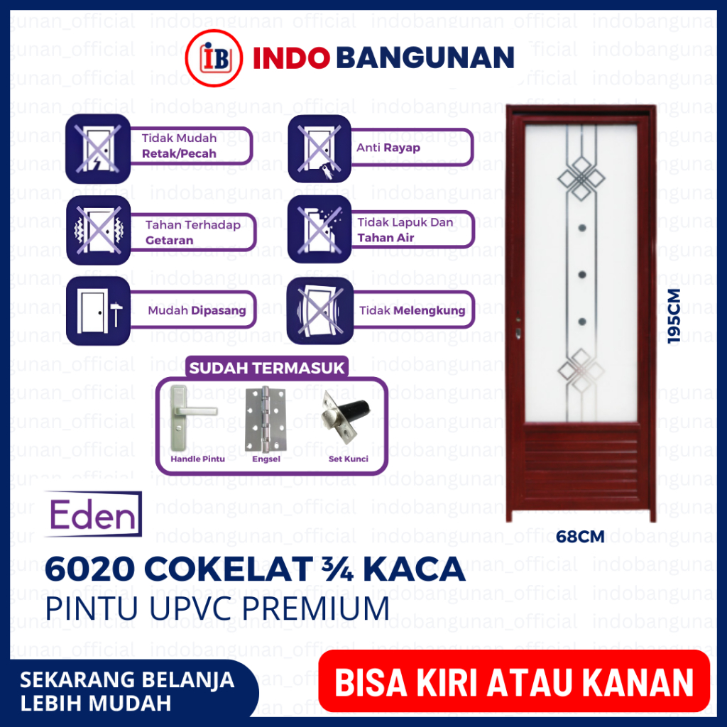 PINTU KAMAR MANDI WC 3/4 KACA ALUMUNIUM KUAT TAHAN CUACA 65X198 EDEN LILY 6020 COKLAT