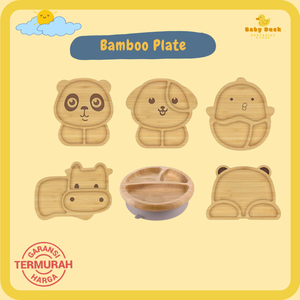 Animal Suction Plate / Piring Sekat Kayu Karakter Hewan Anak Mpasi Bambu Bayi Suction Anti Selip