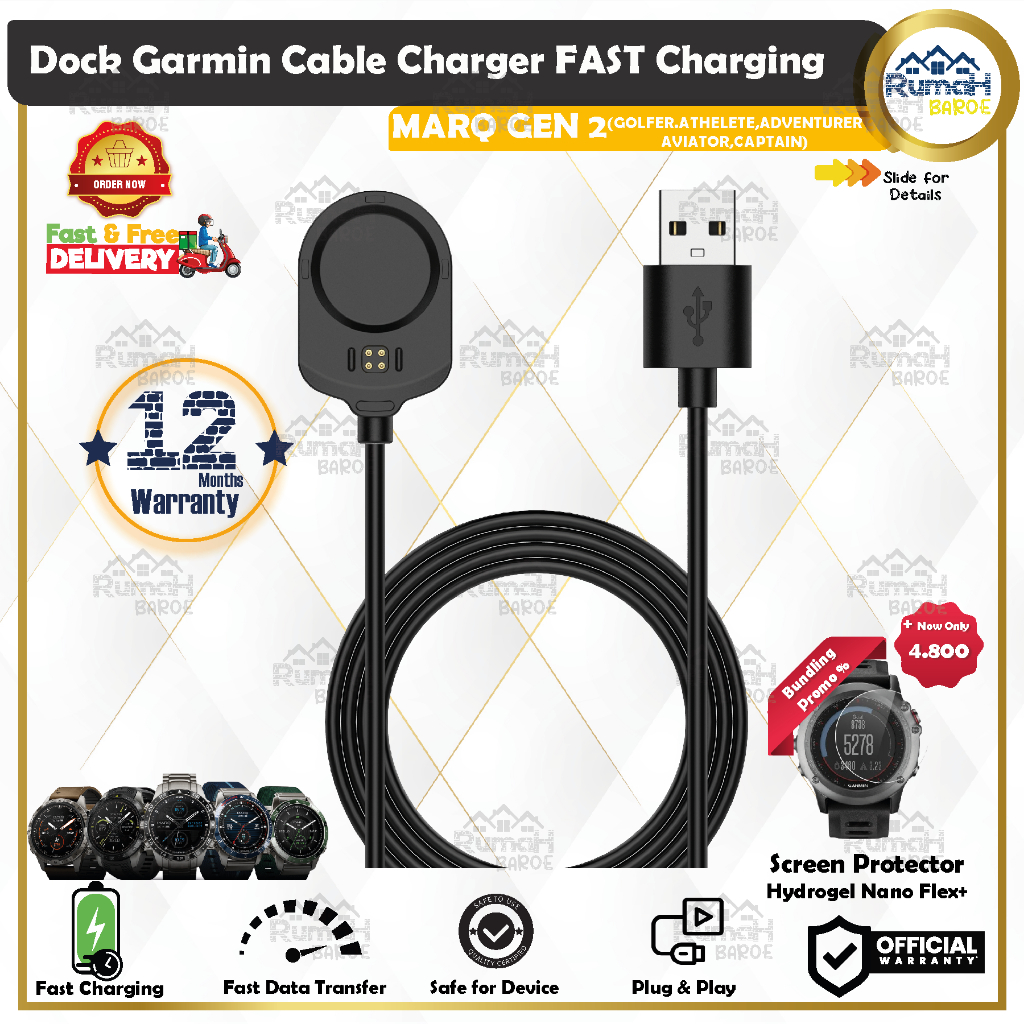 USB Dock Cable Charger Jam Smartwatch Garmin MARQ 2 Adventurer Golfer Aviator Captain Athlete Gen2 O