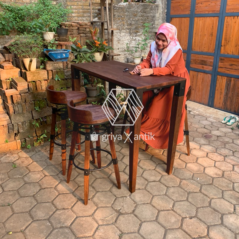 Set meja bar jati industrial vintage kursi dan meja bar industrial antik