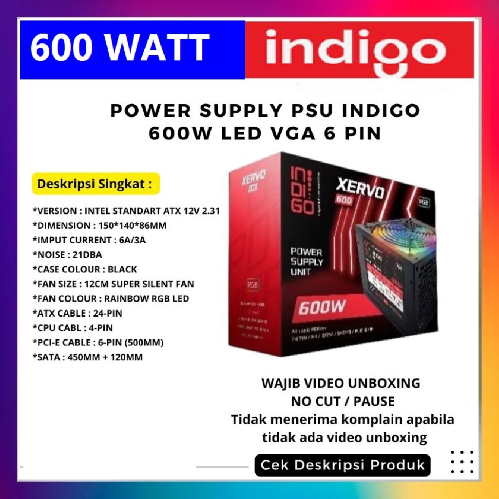 Power Supply Indigo Xervo RGB / PSU PC Komputer 600 Watt