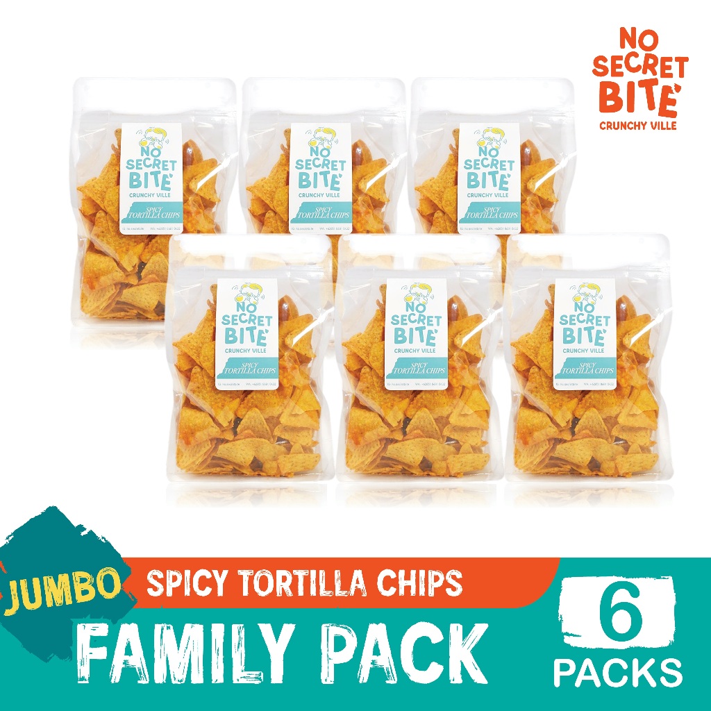 NO SECRET BITE - Makanan Ringan Snack Keripik Jagung Pedas Spicy Tortilla Chips JUMBO FAMILY PACK 6x