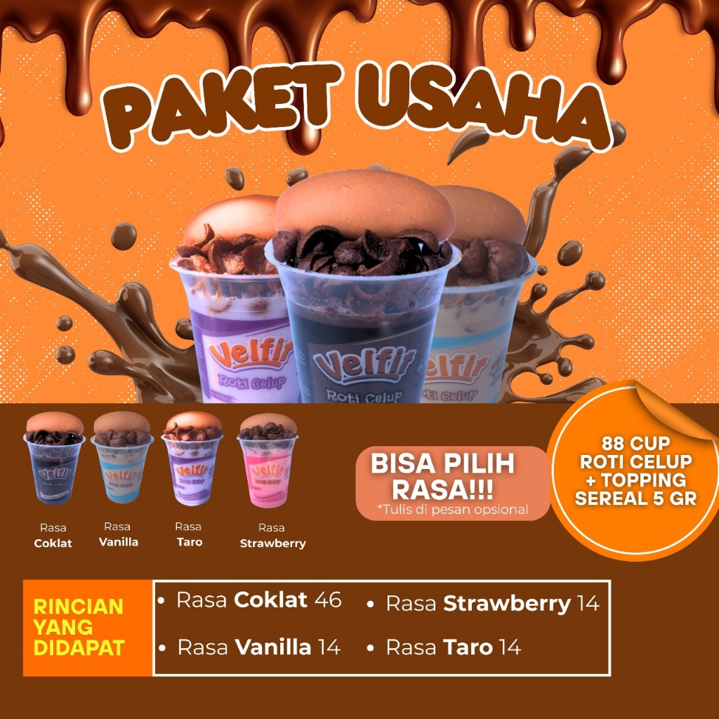 (MAX ORDER 2 PAKET) Paket Usaha 88Cup Velfit Roti Celup MIX 4  RASA