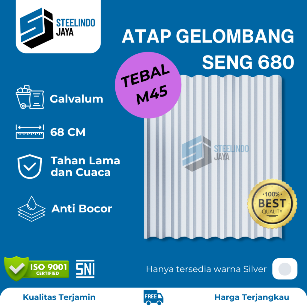Atap Seng Gelombang Galvalum Silver Lebar 680mm Tebal 0,45mm (M045) Panjang 1 - 6 Meter