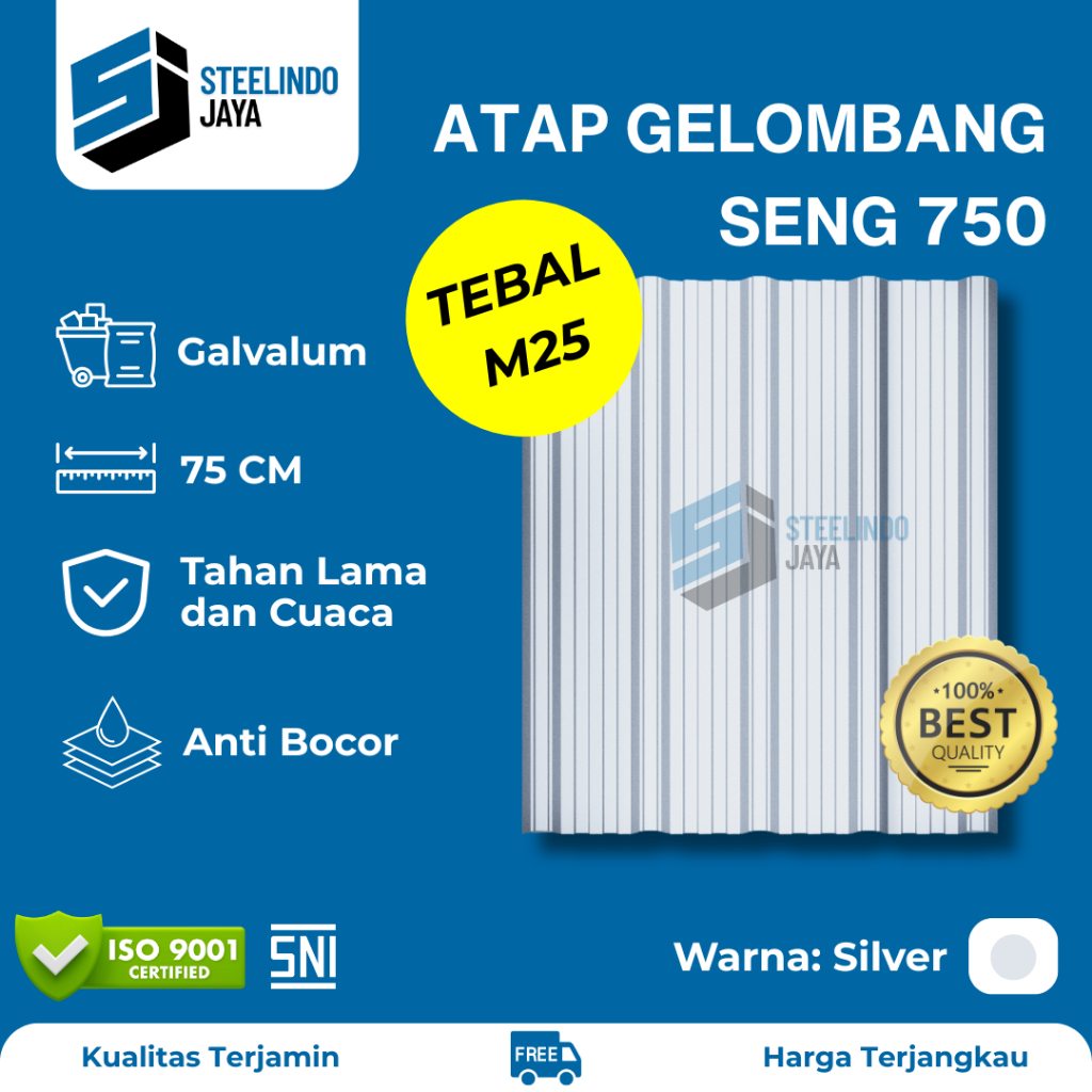 Atap Seng Gelombang Galvalum Silver Lebar 750mm Tebal 0,25mm (M025) Panjang 1 - 6 Meter