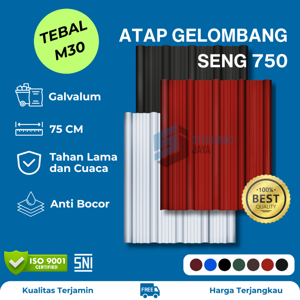 Atap Seng Gelombang Galvalum Lebar 750mm Tebal 0,30mm (M030) Panjang 1 - 6 Meter