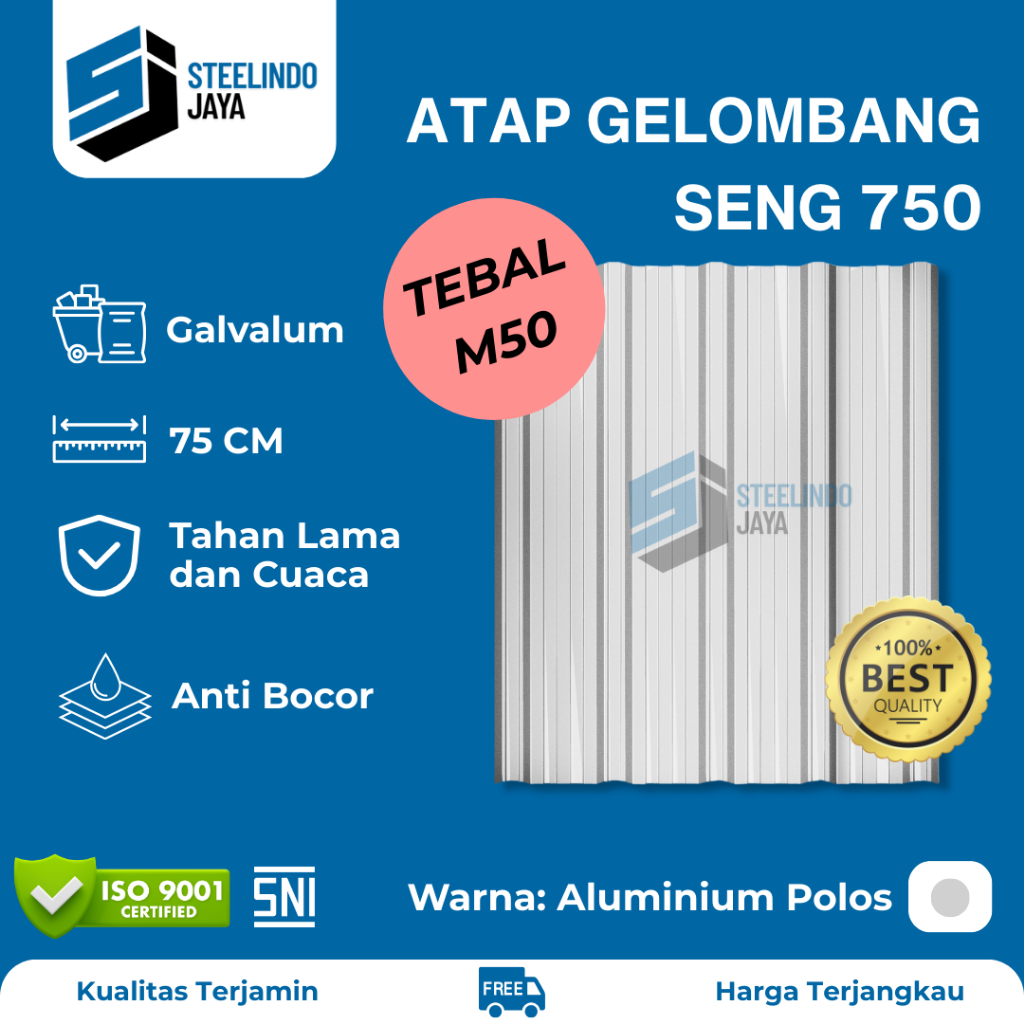 Atap Seng Galvalum Aluminium Lebar 750mm Tebal 0,50mm (M050) Panjang 1 - 6 Meter
