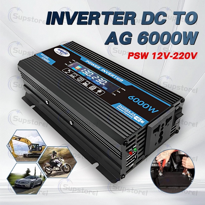 Inverter DC ke AG 6000W PSW 12V-220V Mobil Inverter 12V DC Ke 220V/110V AC Power Converter LED Displ