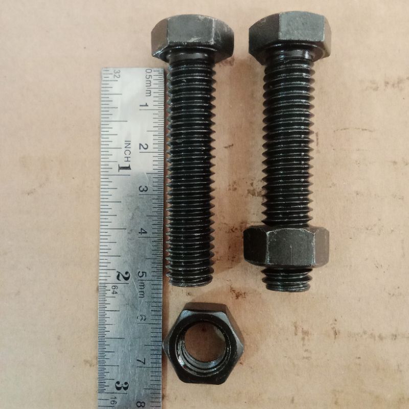 baut mur hexagon hitam UNC 7/16 x 2" drat kasar kunci 16