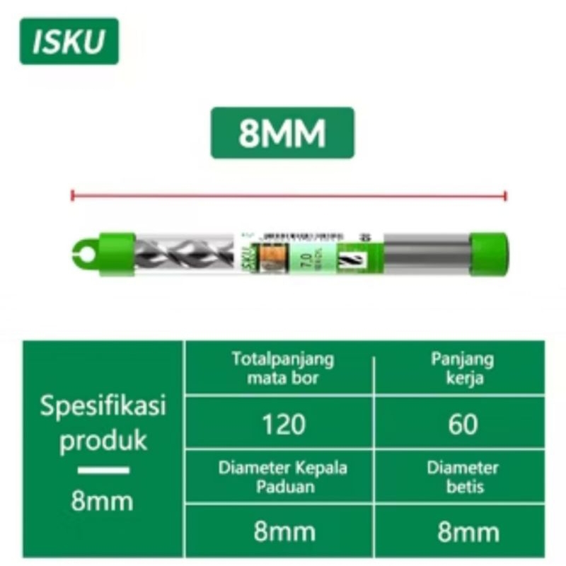 Mata bor beton ISKU 8 mm, bahan Baja Kuat.
