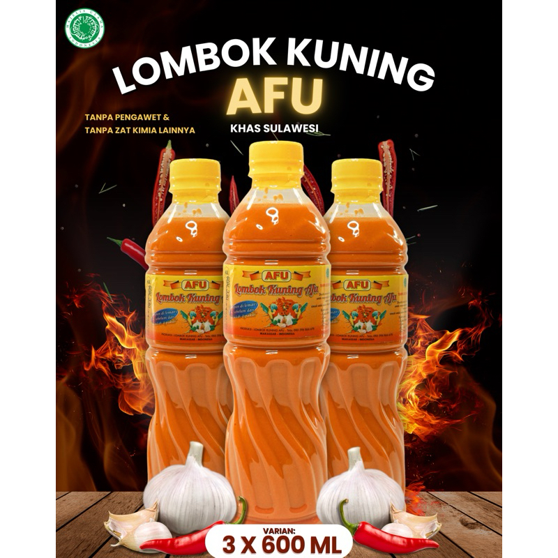 

PAKET BELI 3 BOTOL 600ml, Lombok Kuning AFU DEPKES MUI HALAL Khas Makassar Lombok Sulawesi OlehOleh Sambal Saos