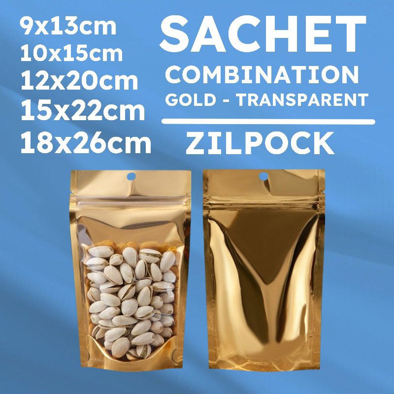 Standing Pouch Ziplock Plastic Klip / Kemasan Makanan GOLD Transparan Aluminium