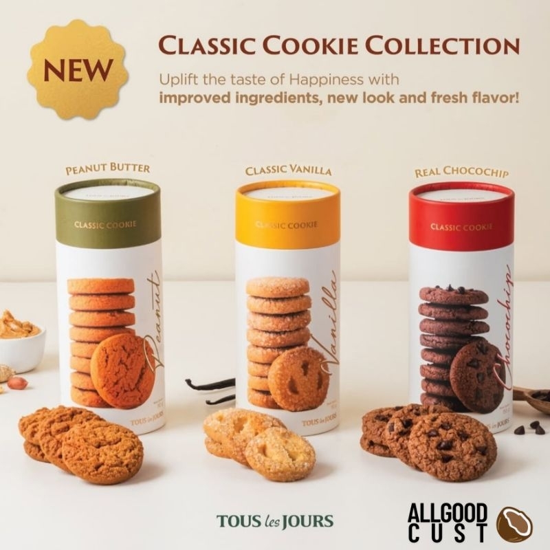 Tous Les Jours Classic Cookies Tube , Kue Kukis Kering / Chocochips, Peanut Butter Cookies, Vanilla 