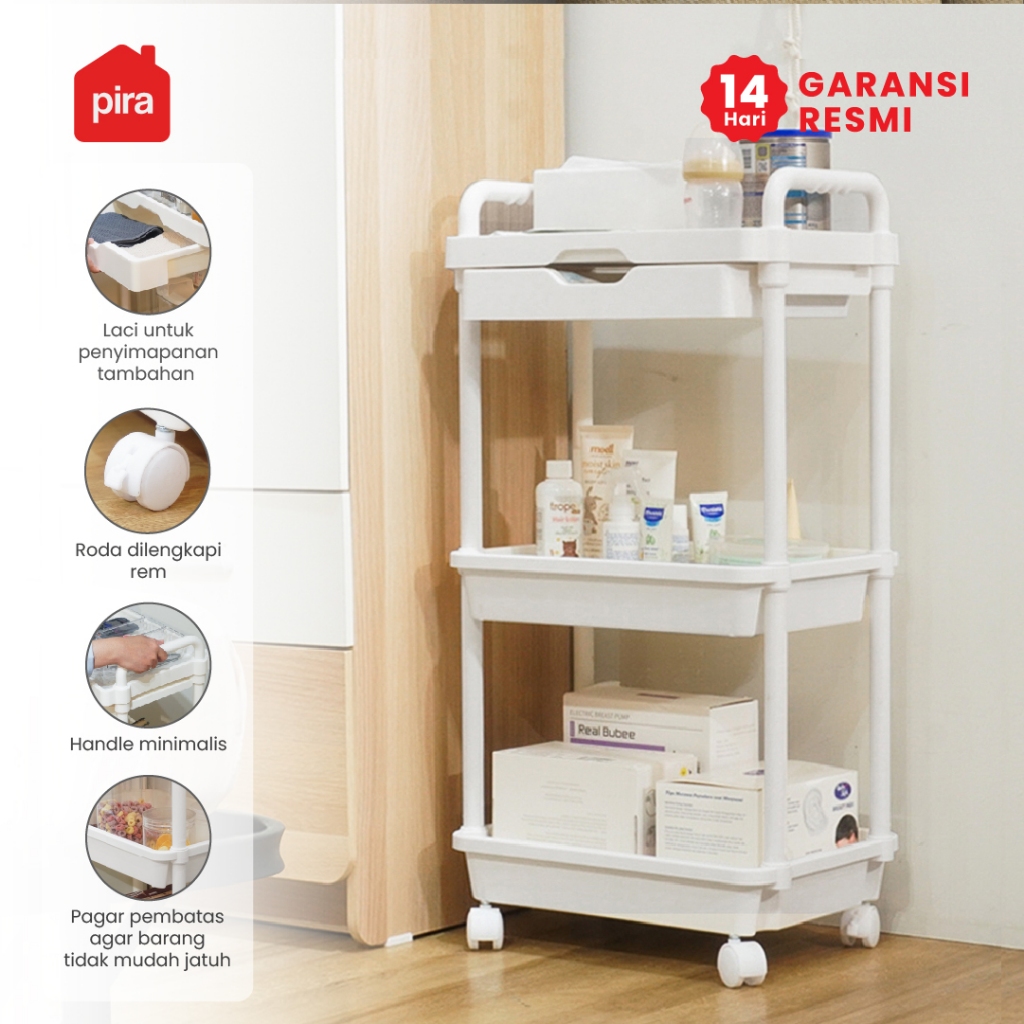 PIRA -  RAKI PKT3 Rak Troli 3 Susun / Rak Plastik Serbaguna dengan Laci tersembunyi dan Roda