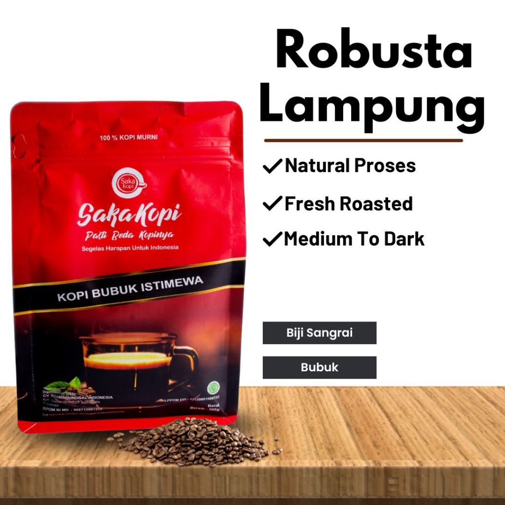 

Biji Kopi Murni Bubuk Robusta Lampung 1kg Merk SakaKopi