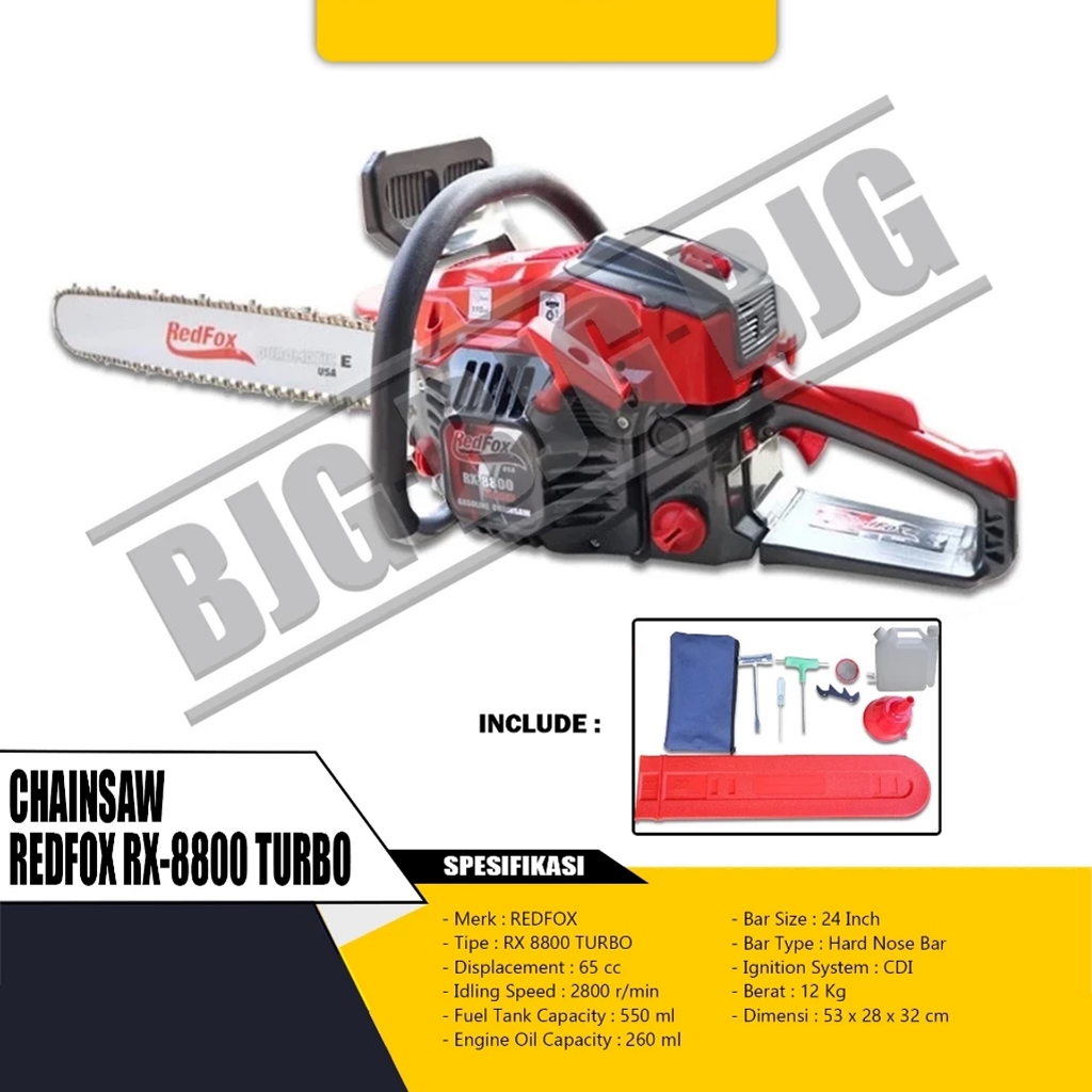 MESIN GERGAJI KAYU / GASOLINE CHAINSAW REDFOX RX 8800 TURBO - 24 INCH BAR